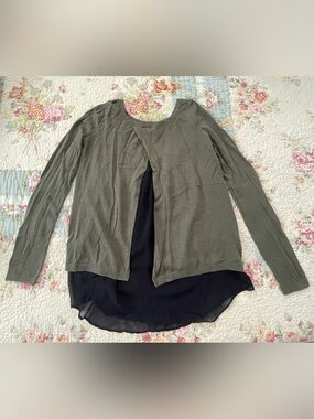 Express Olive Green Layered Long-Sleeve Tunic with Black Back Panel
